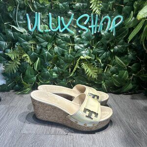 Tory Burch Weston Wedge Slide Ivory Patent Leather 3 Inch Heel Size 9.5